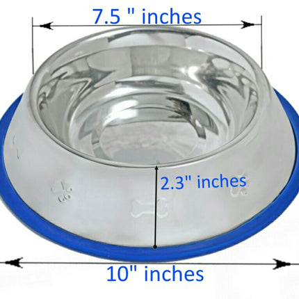 Set of 2 Etched Stainless Steel Dog Bowls with Blue Silicone Base