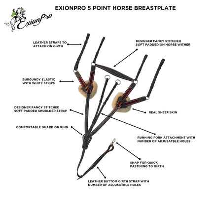 ExionPro 5 Point Breastplate with Sheepskin Padding - Burgundy Elastic & White Strips