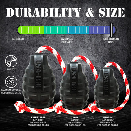 USA-K9 Magnum Grenade Durable Rubber Chew Toy, Treat Dispenser, Reward Toy, Tug Toy, and Retrieving Toy - Black Magnum
